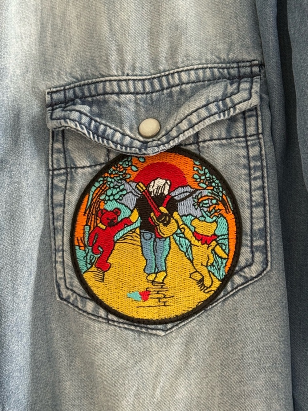 Custom Upcycled Jerry Garcia Graphic Tee On A Flowy Denim Shirt size XL OOAK - Picture 5 of 7